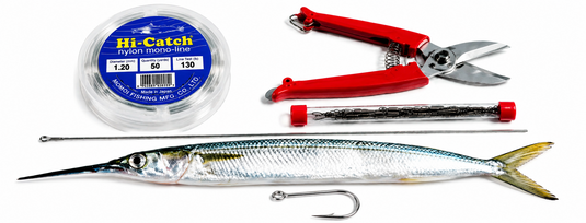 Dead bait rigging supplies with leader line, rigging pliers, hook and ballyhoo