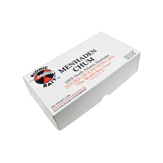 A packaged block of Double Ground Chum, labeled as 100% Menhaden Chum with oil, weighing 7 pounds.