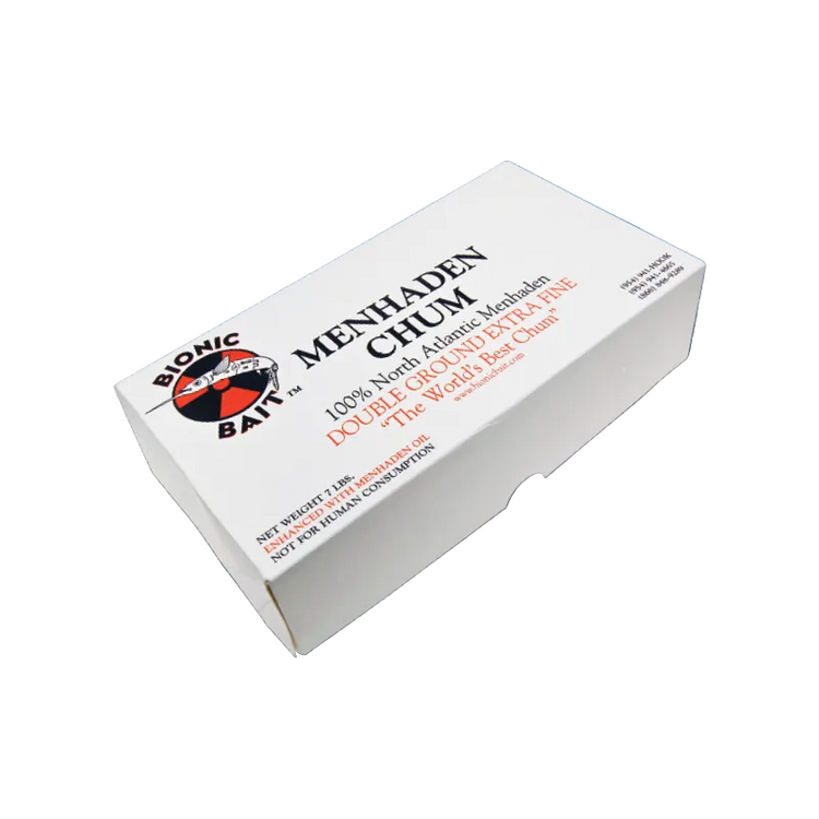 A packaged block of Double Ground Chum, labeled as 100% Menhaden Chum with oil, weighing 7 pounds.