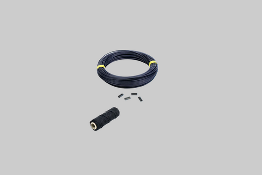 A 100 foot black mono fishing rope with yellow crimps, alongside a 100 foot white nylon braid rope with black crimps, against a blue background.