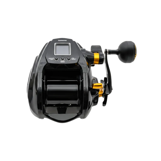 Shimano BeastMaster 9000B electric reel front view showing HAGANE body and LCD control panel