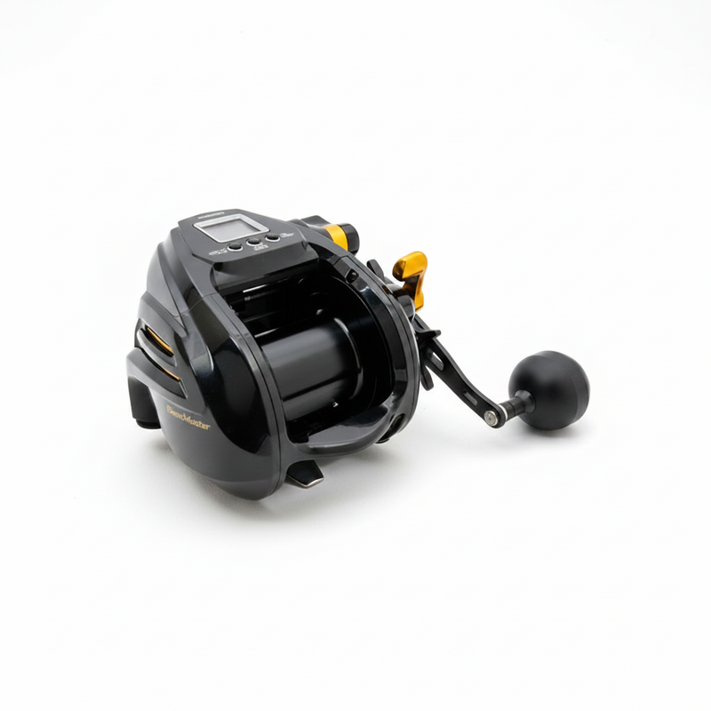 Load image into Gallery viewer, Shimano BeastMaster 9000B electric reel with Fine Dot LCD display and gold accents, deep-sea fishing

