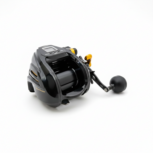 Shimano BeastMaster 9000B electric reel with Fine Dot LCD display and gold accents, deep-sea fishing