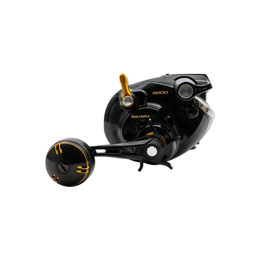 Shimano BeastMaster 9000B side view showing GIGA-MAX motor housing and gold power lever