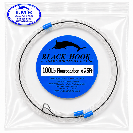 A 100lb fluorcarbon fishing line package by Black Hook, featuring a coiled clear line with blue end-caps inside a clear plastic bag. The packaging includes a blue circular label with a marlin silhouette and a white text block reading '100Lb Fluorcarbon x 25Ft'.