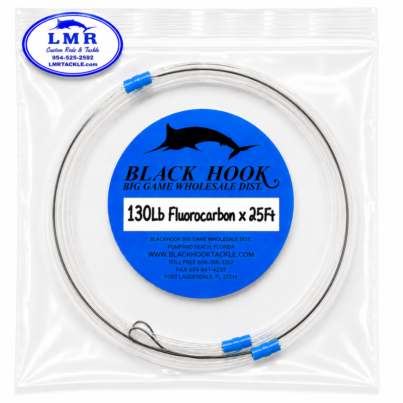 Load image into Gallery viewer, A coiled spool of Black Hook 130lb fluorocarbon fishing line inside a clear plastic bag, with a blue circular label and an LMR logo sticker on the package.
