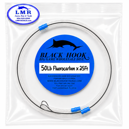 Black Hook 50lb fluorocarbon line in a clear plastic bag with a blue circular label and an LMR logo sticker in the top left corner.