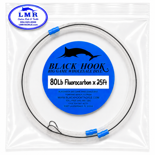A coiled spincast fishing line package from Black Hook, featuring 80lb fluorocarbon line with blue tip accents, sealed in a clear plastic bag with a blue and black circular label and an LMR dealer logo in the top left corner.