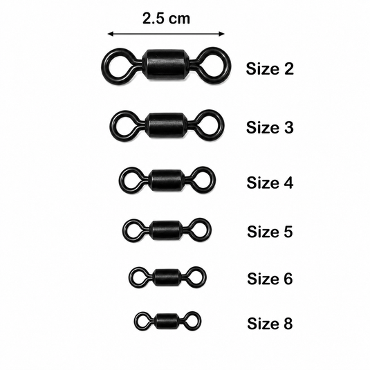 Six black swivels shown vertically in ascending size order, labeled Size 2 through Size 8, with a 2.5 cm width measurement above the largest on a white background.