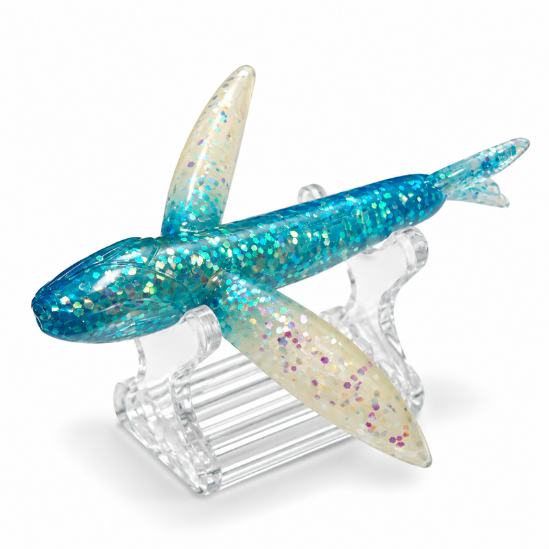 Load image into Gallery viewer, Blue and pearl holographic flying fish trolling lure bottom angled view

