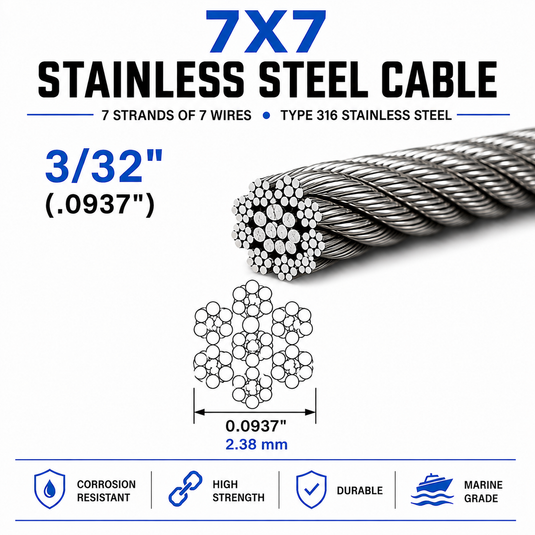 Promotional graphic for 7x7 stainless steel cable, showing a close-up of the braided cable end, a cross-section diagram, and feature icons for corrosion resistance, high strength, durability, and marine grade on a white background.