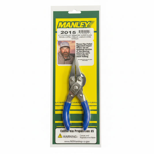 Manley 2015 5/8 TLP Palloit Signature Super Pliers in their original retail packaging, featuring blue handles and a yellow and green card backing with a custom photo insert.