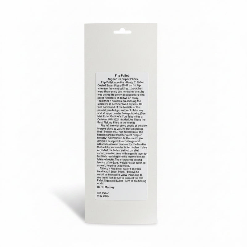 Load image into Gallery viewer, A white rectangular printed card with black text, photographed against a dark blue background. The card appears to be the back of a product package or a printed insert, with a small logo at the top reading Flip Patrol and the text 'Signature Super Pliers' followed by several paragraphs of copy and a signature at the bottom.
