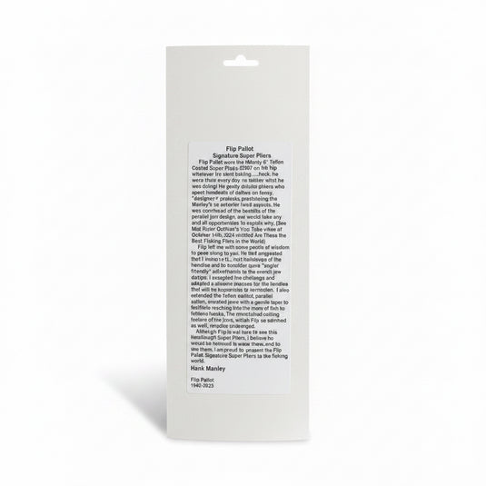 A white rectangular printed card with black text, photographed against a dark blue background. The card appears to be the back of a product package or a printed insert, with a small logo at the top reading Flip Patrol and the text 'Signature Super Pliers' followed by several paragraphs of copy and a signature at the bottom.