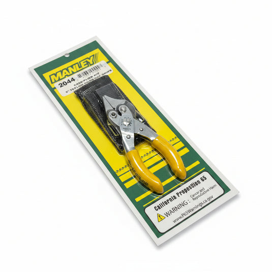 Manley 2044 Super Pliers with yellow grips, built-in side cutters, and black carrying case, Teflon coated