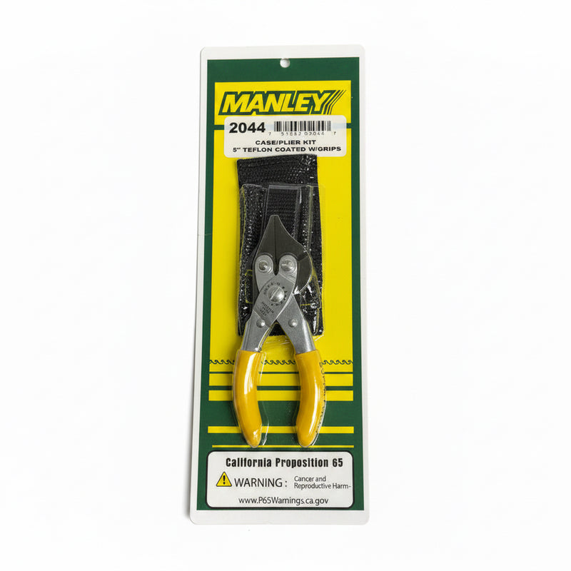 Load image into Gallery viewer, A packaged Manley 2044 cash placer kit with two yellow-handled tools attached to a black strap, mounted on a green and yellow cardboard backing.

