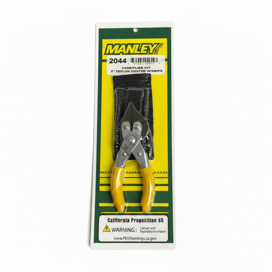A packaged Manley 2044 cash placer kit with two yellow-handled tools attached to a black strap, mounted on a green and yellow cardboard backing.