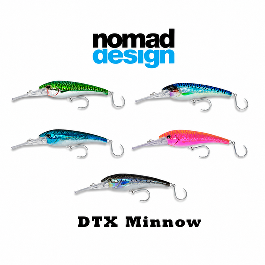 Five fishing lures from the DTX Minnow line by Nomad Design are displayed on a clean white background. The lures feature various vibrant patterns including green and black, blue and purple, blue and black, pink and orange, and black and silver.