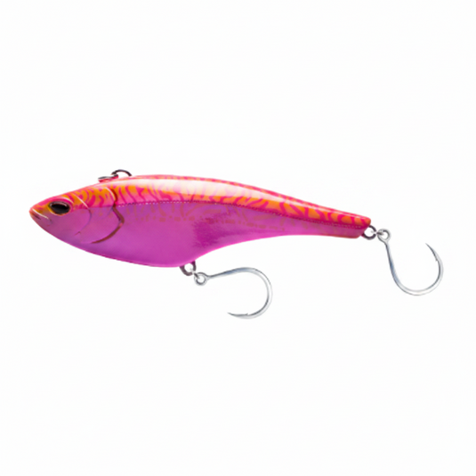 A pink and orange striped hard fishing lure with two silver metal hooks, shown on a plain white background.
