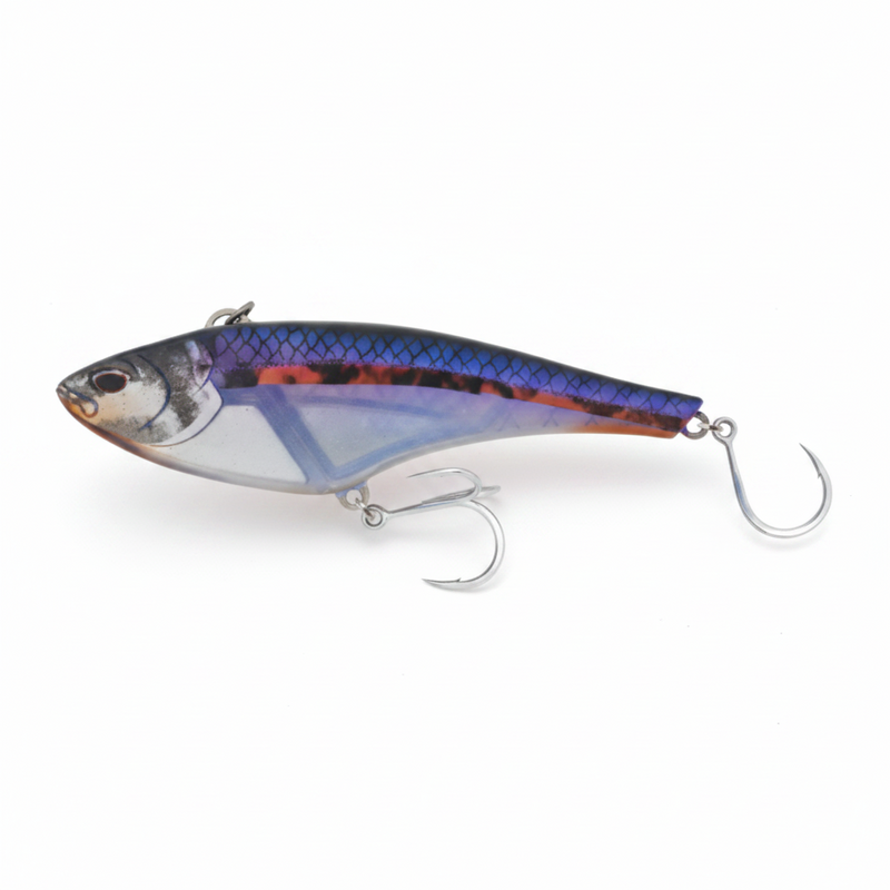 Load image into Gallery viewer, A hard bait fishing lure shaped like a small fish, featuring a metallic silver body with a blue and purple scaled back, orange-red side stripes, and two silver metal hooks attached.
