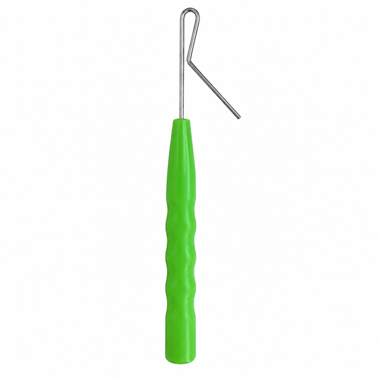 A bright green textured plastic handle attached to a bent silver metal wire tool, shown against a plain white background.