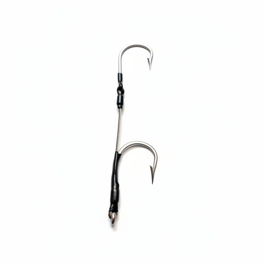 A single metal fishing hook with a black and silver weighted line assembly, with white background