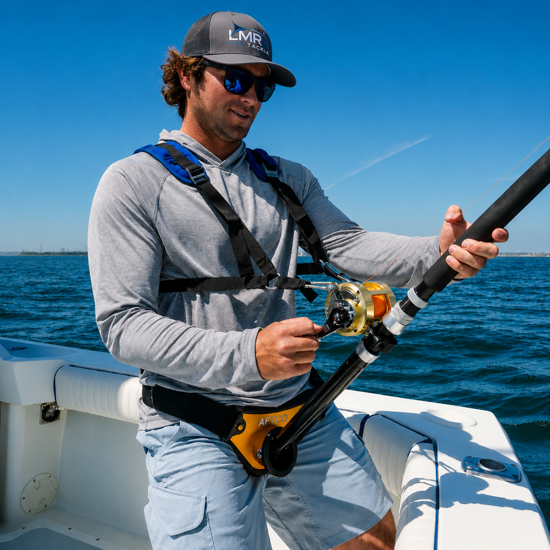 Load image into Gallery viewer, Angler wearing LMR Tackle hat using AFTCO Alijos Premier Day Belt for offshore fishing

