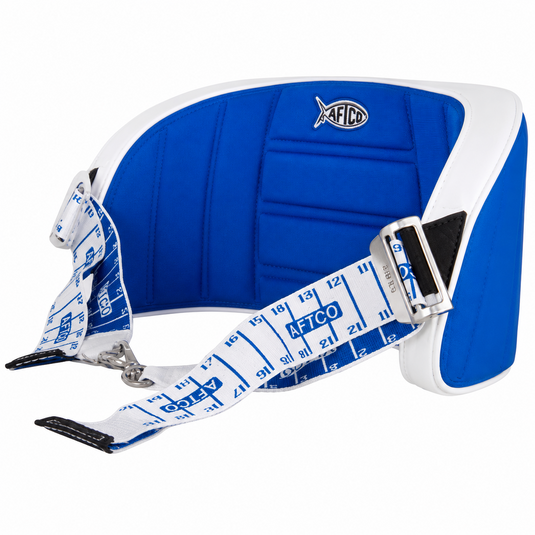 AFTCO Fighting Belt in blue and white with adjustable straps and padded support side view