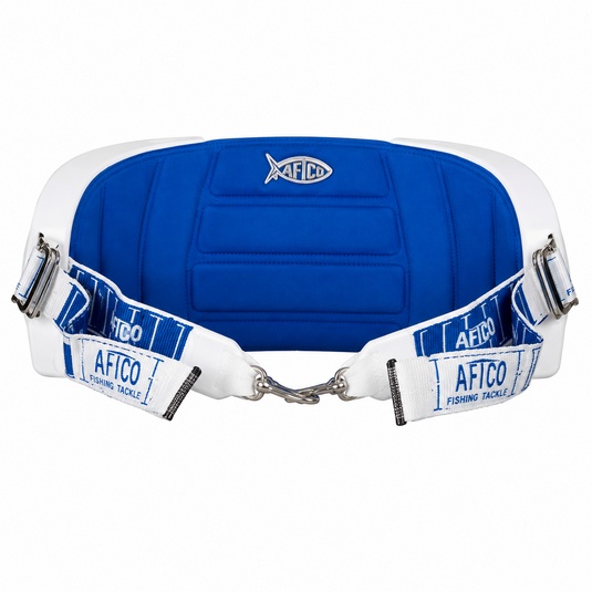 AFTCO Fighting Belt in blue and white with adjustable straps and stainless steel hardware for offshore fishing