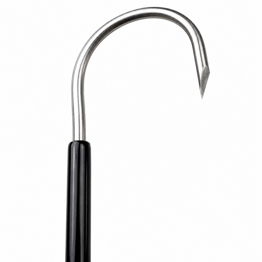 Close-up of AFTCO Fixed Gaff stainless steel hook and black shaft for offshore fishing