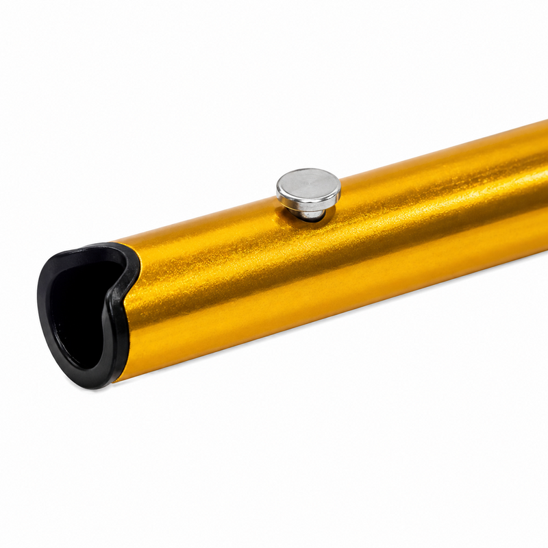 Load image into Gallery viewer, Close-up of AFTCO Flying Gaff Handle in gold showing locking pin and end fitting
