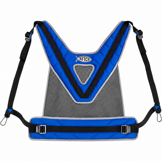 AFTCO MaxForce Shoulder Harness in blue with adjustable straps for offshore stand-up fishing