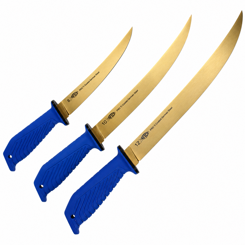 Load image into Gallery viewer, AFTCO Pro Series fillet knives in 8, 10 and 12 inch sizes with blue handles
