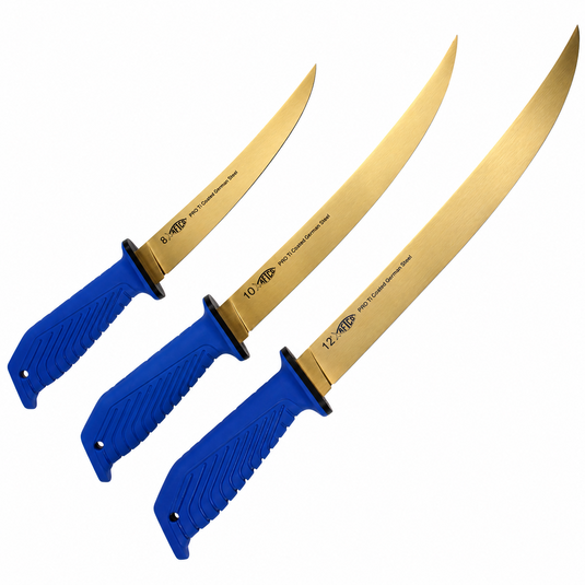AFTCO Pro Series fillet knives in 8, 10 and 12 inch sizes with blue handles