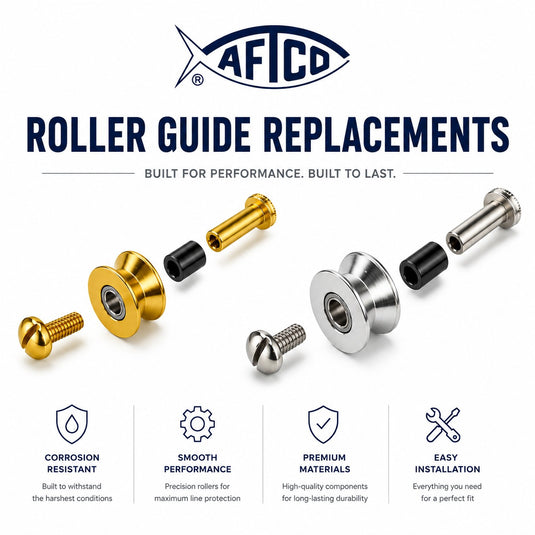 AFTCO roller guide replacements in gold and stainless steel