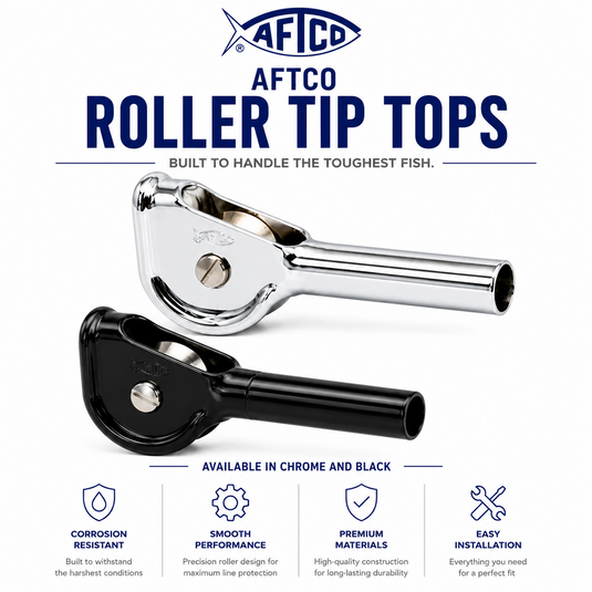 AFTCO Roller Tip Tops in black and chrome for offshore fishing rods