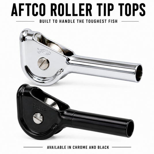 AFTCO Roller Tip Tops in chrome and black for offshore fishing rods