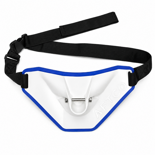 AFTCO Secas Fighting Belt in white and blue with black adjustable strap for offshore fishing