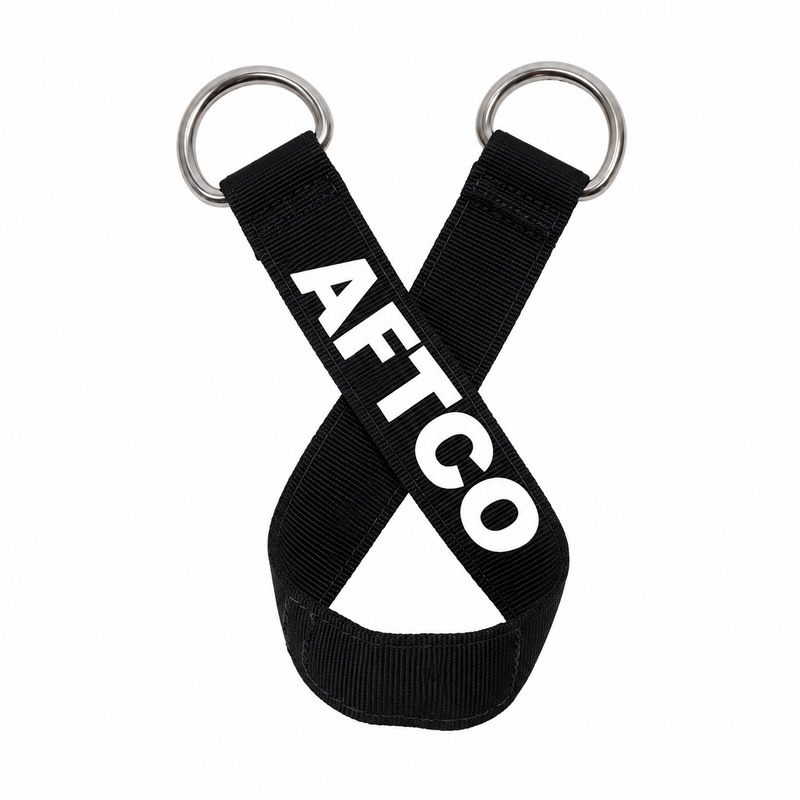 Load image into Gallery viewer, AFTCO Spin Strap with black webbing and stainless steel D-rings for offshore fishing
