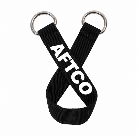 AFTCO Spin Strap with black webbing and stainless steel D-rings for offshore fishing