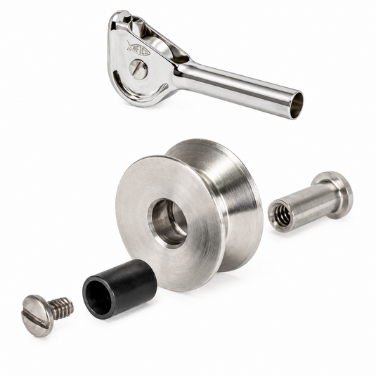 AFTCO stainless steel tip top with complete roller replacement assembly and mounting hardware