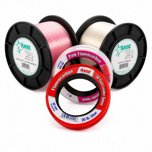 ANDE fluorocarbon fishing line and leader spools in clear and pink