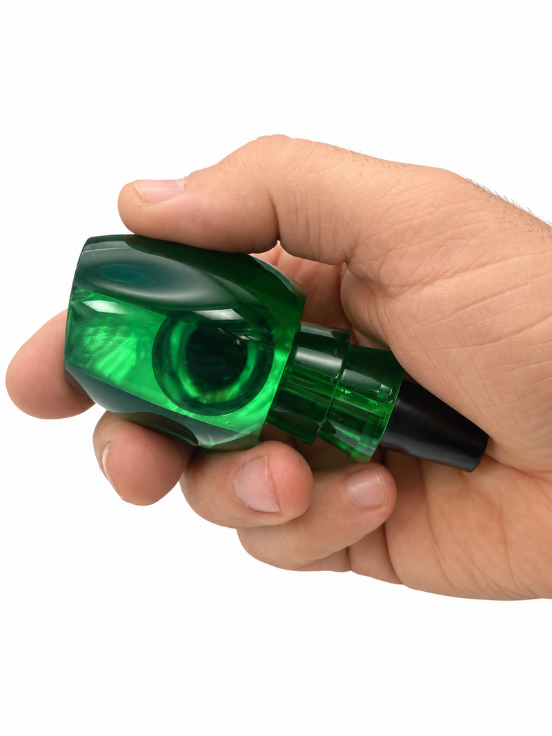 Load image into Gallery viewer, Andy’s Bastard Lure Dark Green Back Neon Green Belly White MOP lure head side view in hand
