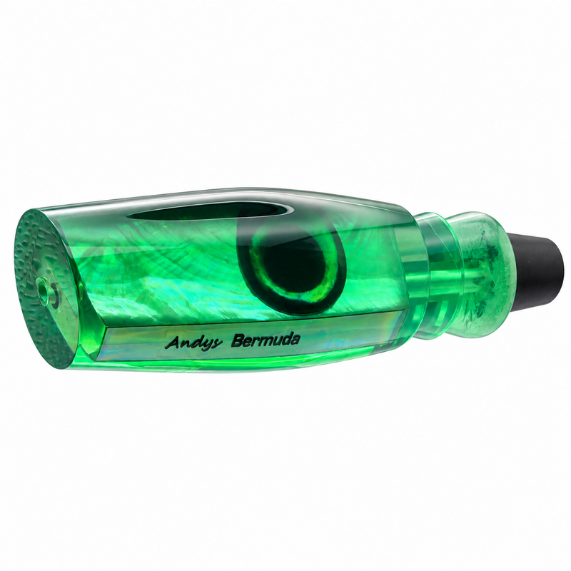 Load image into Gallery viewer, Andy’s The Bermuda Legend Green Back Neon Green Belly White Mother of Pearl trolling lure head front angle
