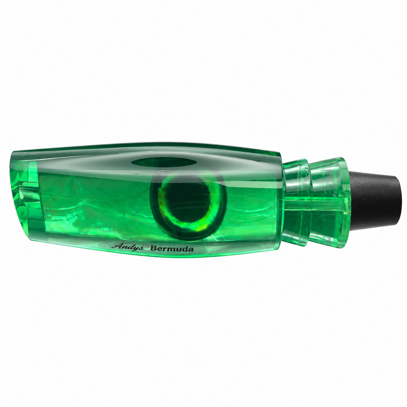 Load image into Gallery viewer, Andy’s The Bermuda Legend Green Back Neon Green Belly White Mother of Pearl trolling lure head side view
