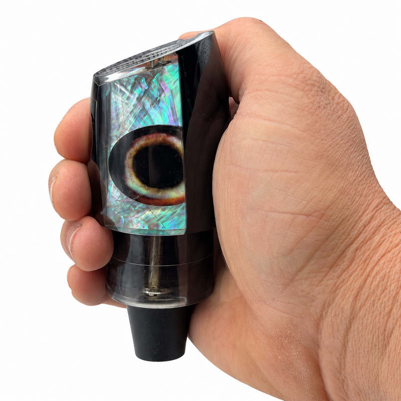 Load image into Gallery viewer, Andy’s Boy L Black Back / Light Smoke Bottom with White MOP insert shown in hand

