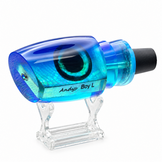 Andy’s Boy L Blue Back Bermuda Blue Bottom fishing lure head with White MOP insert – angled view