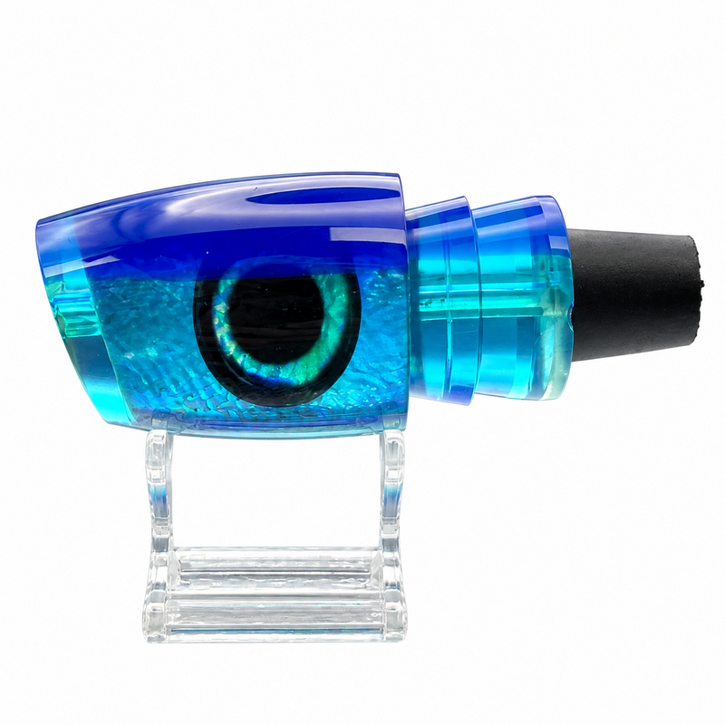 Load image into Gallery viewer, Andy’s Boy L Blue Back Bermuda Blue Bottom fishing lure head with White MOP insert – side view
