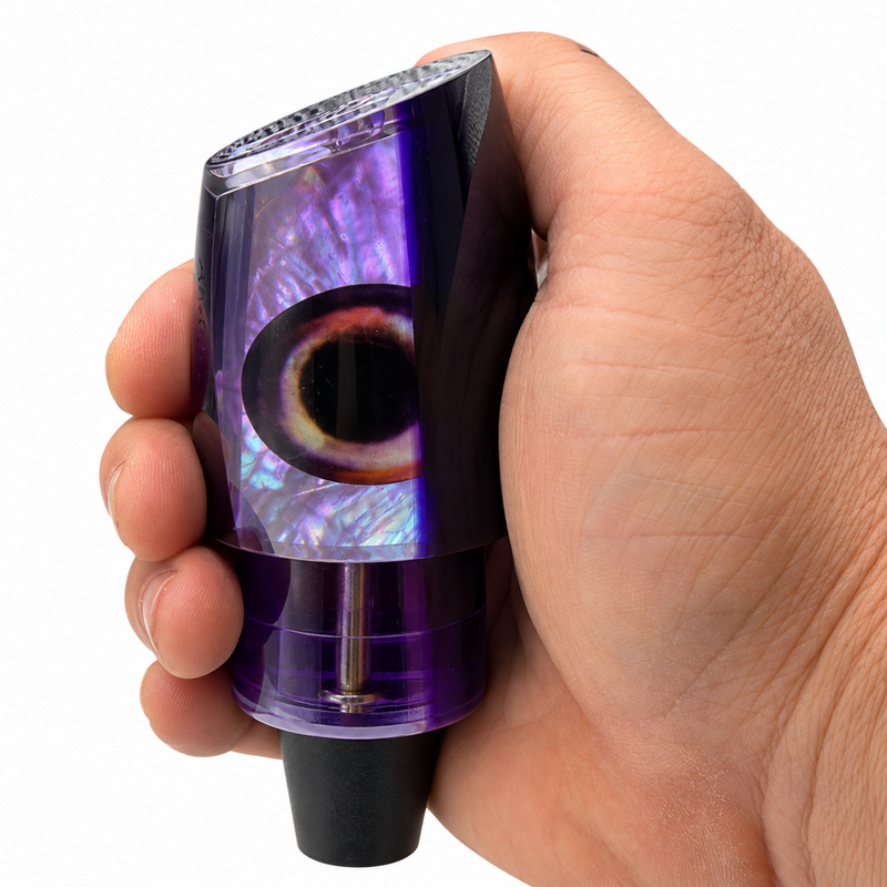 Load image into Gallery viewer, Andy’s Boy L Dark Purple/Black Back / Neon Purple Bottom with White MOP insert shown in hand
