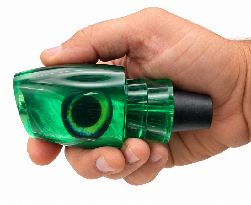 Load image into Gallery viewer, Andy’s Boy L Green Back / Neon Green Bottom with White MOP insert shown in hand from side view
